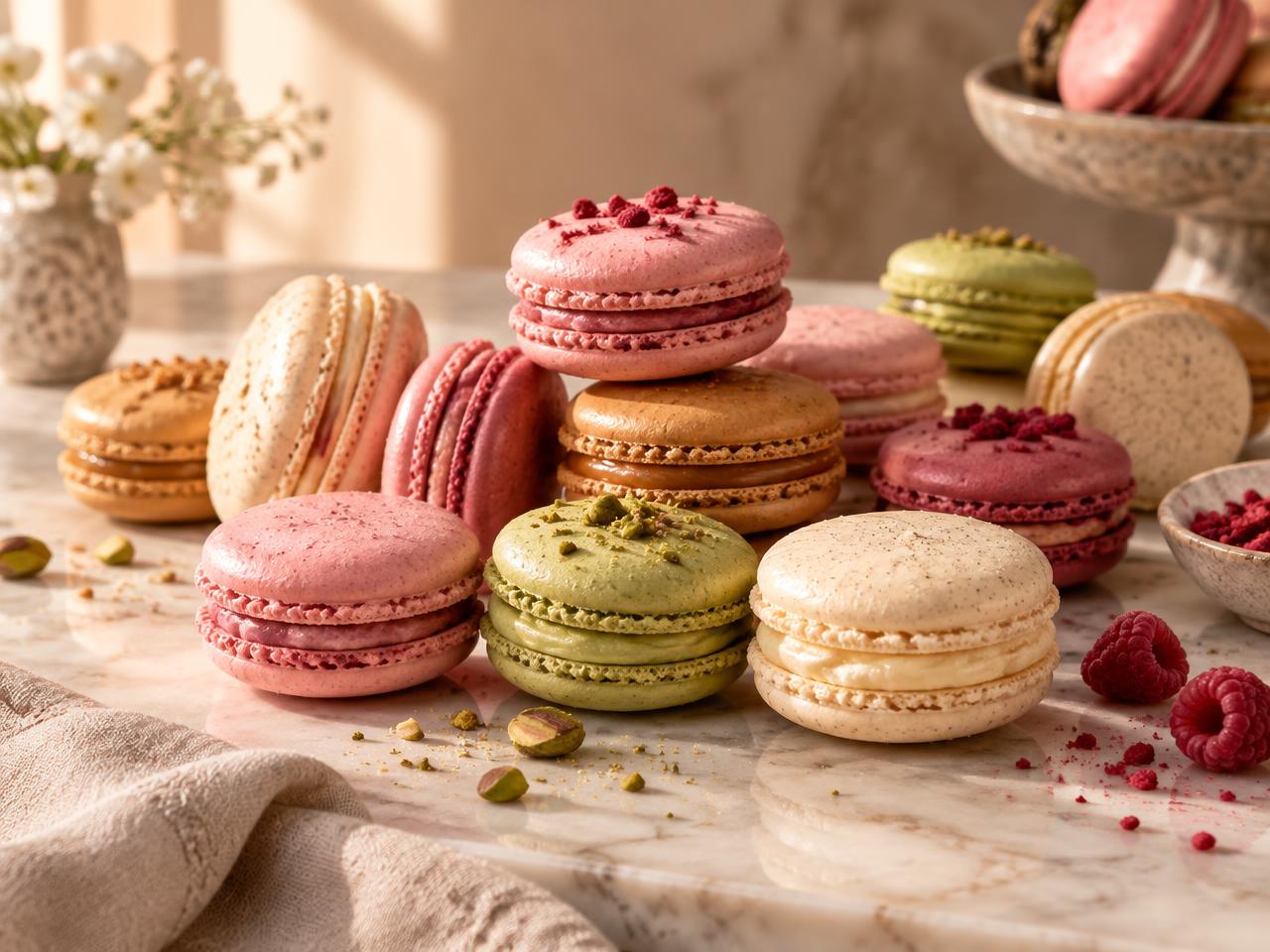 Macarons artizanale așezate pe o masă de marmură